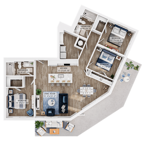 Floor plan for 3 beds, 2 baths, 1309 sqft